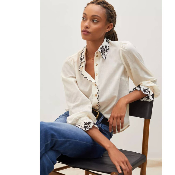 Anthropologie Tops - New Anthropologie Embroidered Buttondown $110 SIZE 4 Ivory